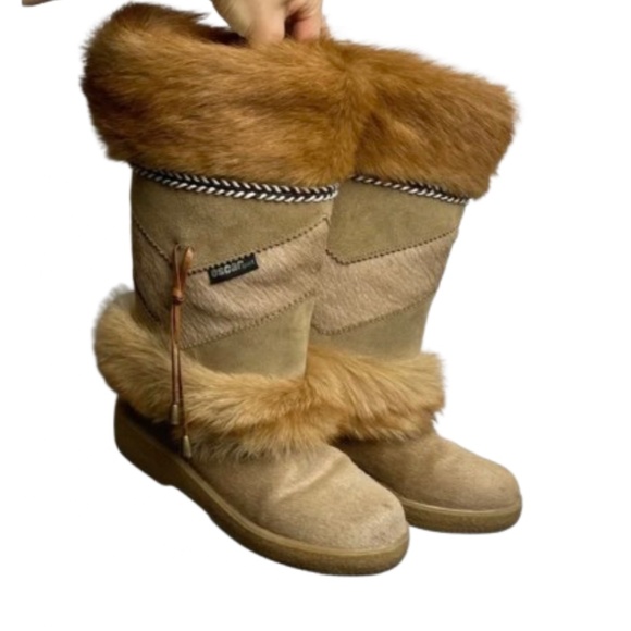 Vintage Shoes - ITALY Leather suede Real fur Sherpa Tan mink Fur Trimmed Women Boots SKI WINTER